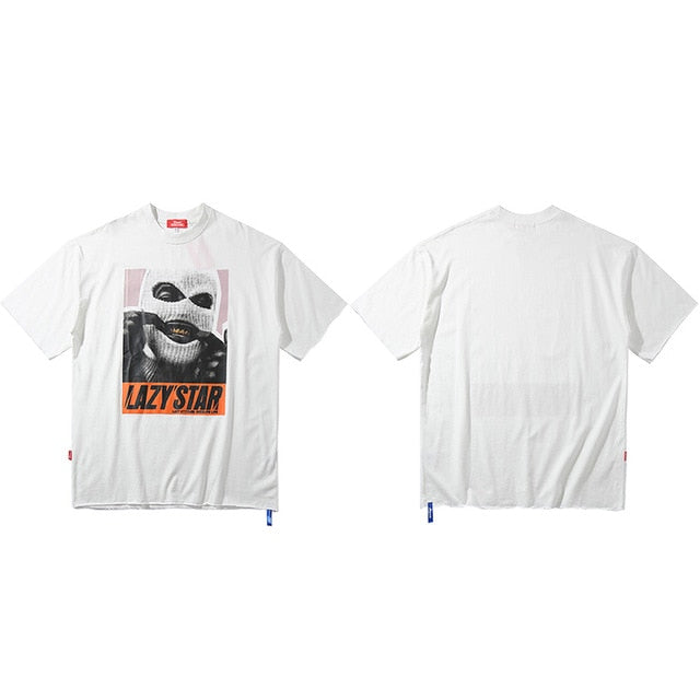 Oversize Hip Hop T Shirt Men Streetwear Harajuku Masked Man Print Tshirt Short Sleeve Cotton Casual T-Shirt Black Plus Size