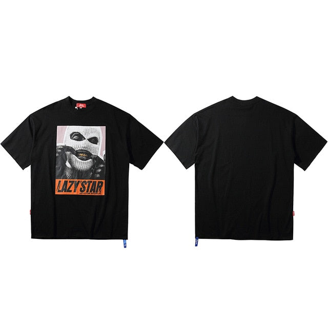 Oversize Hip Hop T Shirt Men Streetwear Harajuku Masked Man Print Tshirt Short Sleeve Cotton Casual T-Shirt Black Plus Size