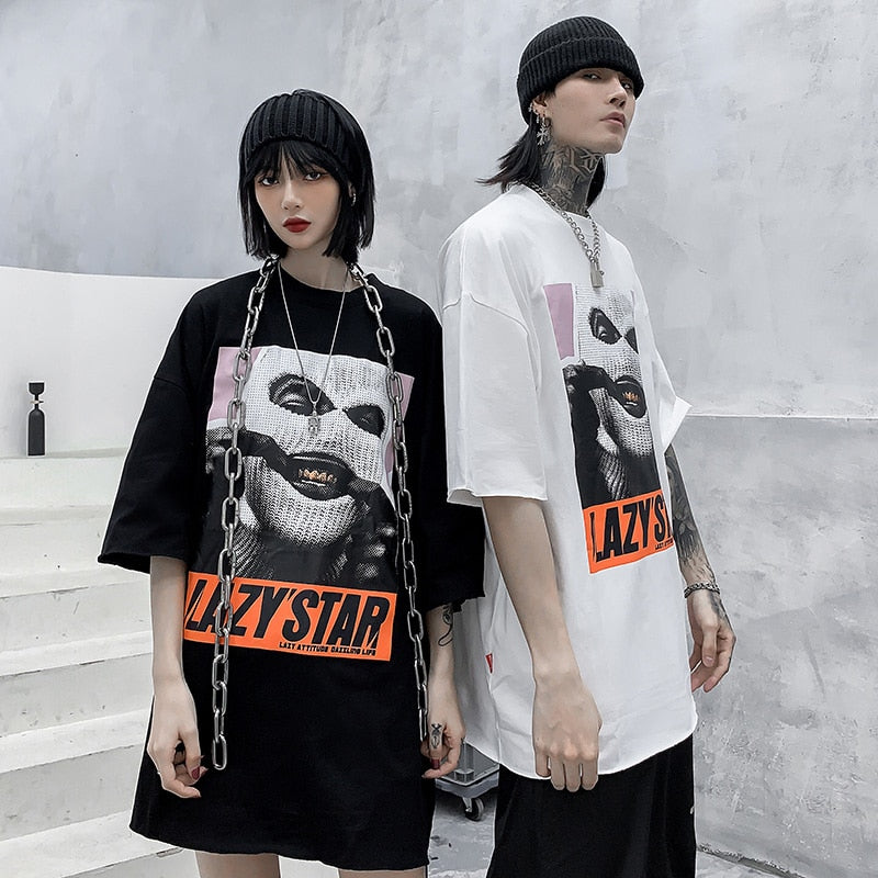 Oversize Hip Hop T Shirt Men Streetwear Harajuku Masked Man Print Tshirt Short Sleeve Cotton Casual T-Shirt Black Plus Size